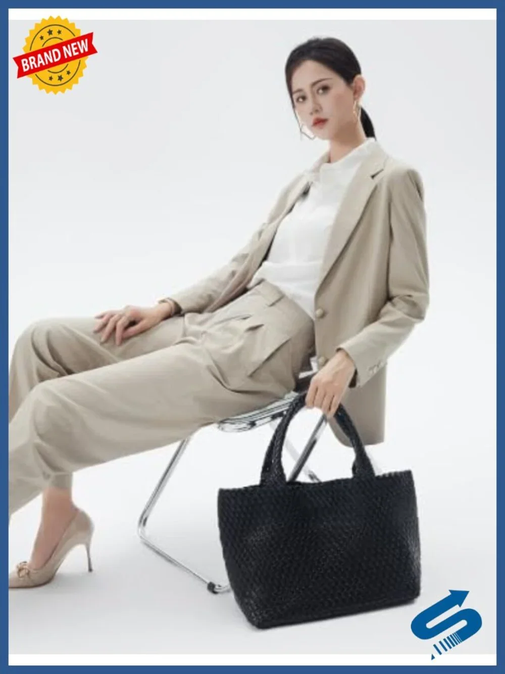 Handwoven Vegan Leather Tote Bag with Pouch Women Shoulder Purse
